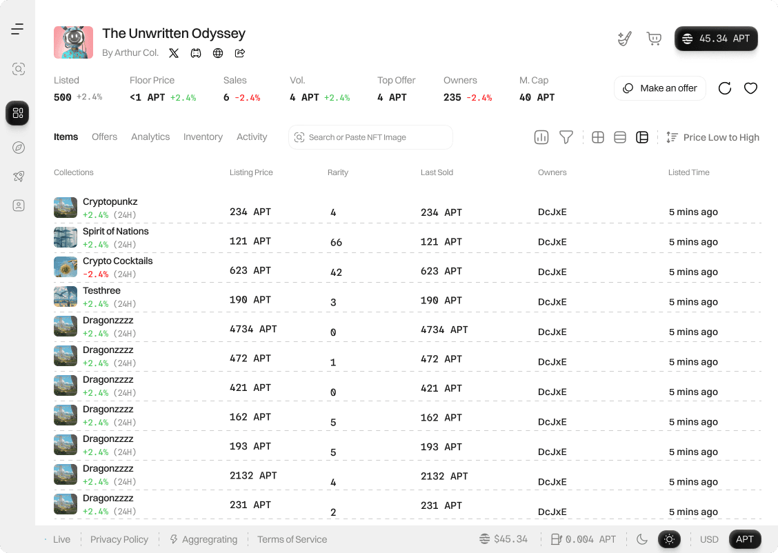 NFT collection table view design